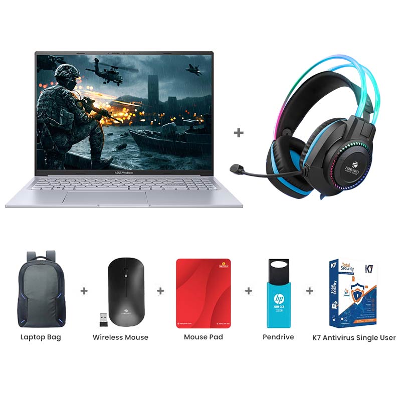 Picture of Asus Vivobook 16X - 12th Gen Intel Core i5-12500H 16" (40.64cm) K3605ZF-RP458WS Creator/Gaming Laptop (16GB/ 512GB SSD/ NVIDIA GeForce RTX 2050 4GB/ Windows 11 Home/ MS Office/ 1Year Warranty/ Cool Silver/ 1.80 Kg) Zebronics Zeb-Jet  Premium Gaming Headphone + Laptop Bag + Wireless Mouse + Mouse Pad + Pendrive + K7 Antivirus Single User